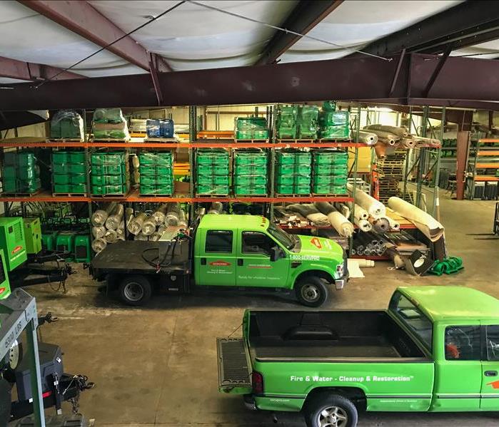 SERVPRO trucks and equipment set up in our Brookhaven warehouse